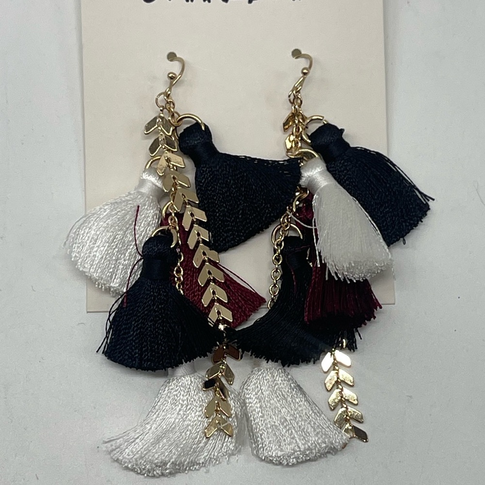 Erimish Gameday Black, White & Maroon Tassel Earrings New